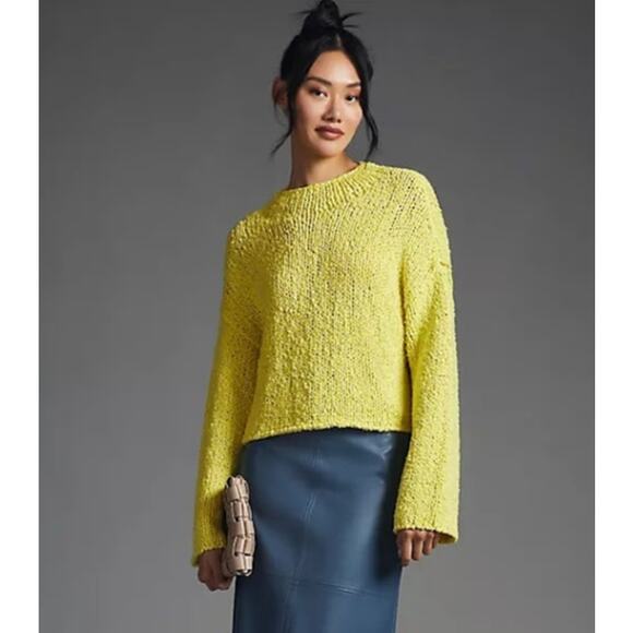 Anthropologie Mock Neck Sweater Oversized Yellow Knit Wide Sleeve Boho Pullover - Picture 1 of 14